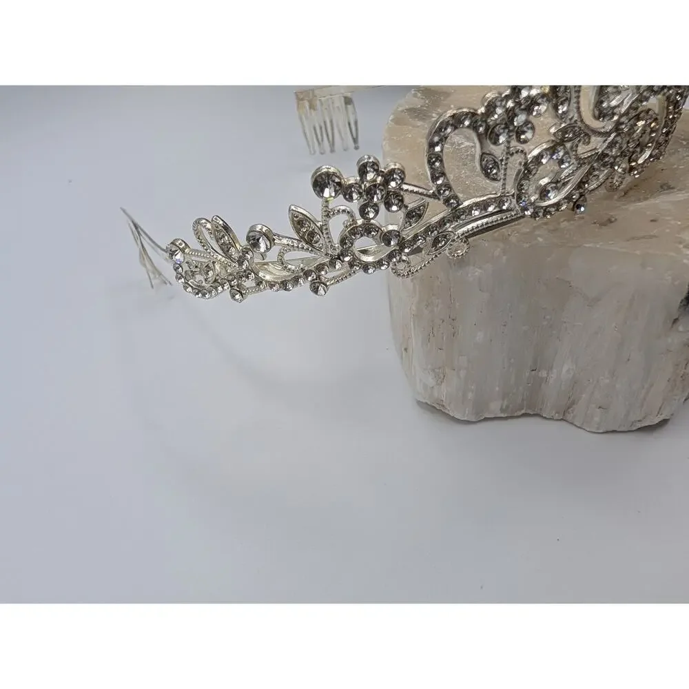 Elegant Silver Tone Rhinestone Tiara Headband Crown with Combs Wedding Prom